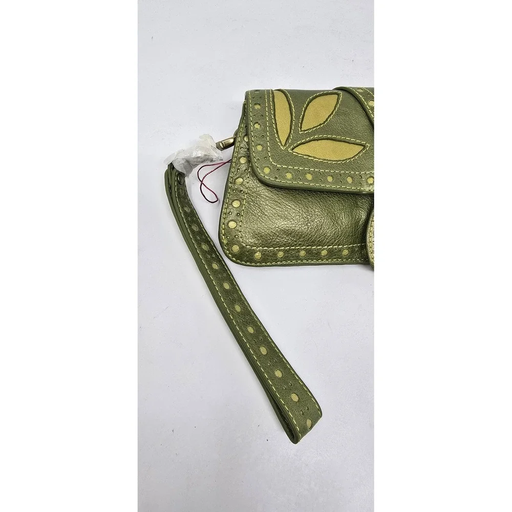 Vtg Y2K Isabella Fiore wristlet clutch women green metallic leather w/punch work